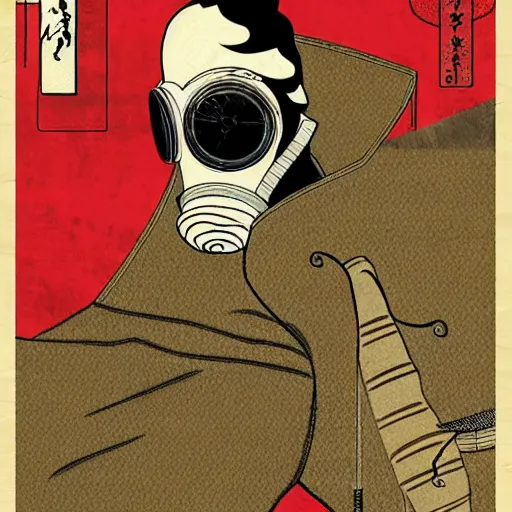 Prompt: Gas mask in Ukiyo-e style, haunting + insanely detailed and intricate, movie poster style,