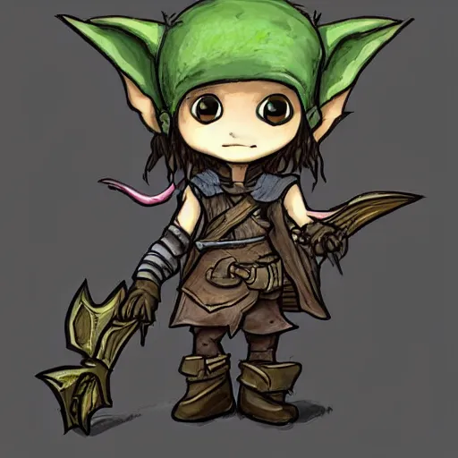 Prompt: cute tiny goblin girl wearing hunter armor from Bloodborne, geeen skin, trending on ArtStation, d&d, chibi