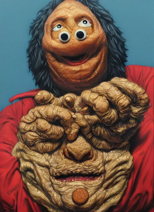 Prompt: portrait of Cookie Monster in Videodrome (1983), highly detailed, centered, solid color background, digital painting, artstation, concept art, smooth, sharp focus, illustration, artgerm, donato giancola, Joseph Christian Leyendecker, Les Edwards, Ed Repka, WLOP, Artgerm