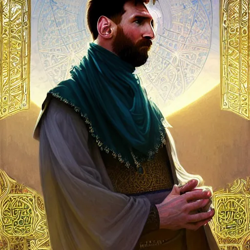 Image similar to lionel messi wearing islamic clothes, doing sujood, d & d, fantasy, intricate, elegant, highly detailed, digital painting, artstation, concept art, matte, sharp focus, illustration, art by artgerm and greg rutkowski and alphonse mucha