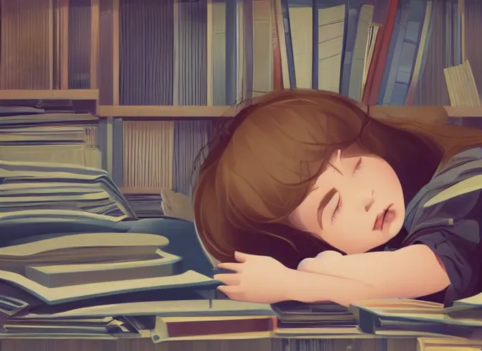 Image similar to a little girl with short wavy curly light brown hair is asleep in pile of books. clean cel shaded vector art. shutterstock. behance hd by lois van baarle, artgerm, helen huang, by makoto shinkai and ilya kuvshinov, rossdraws, illustration, art by ilya kuvshinov