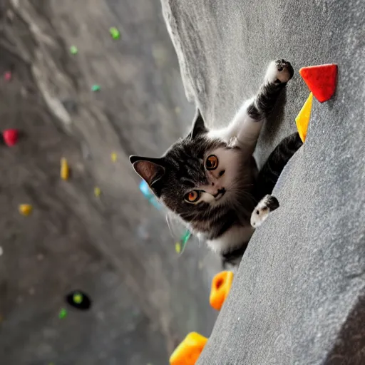 Image similar to photo of a cat rock climbing in a rock climbing gym