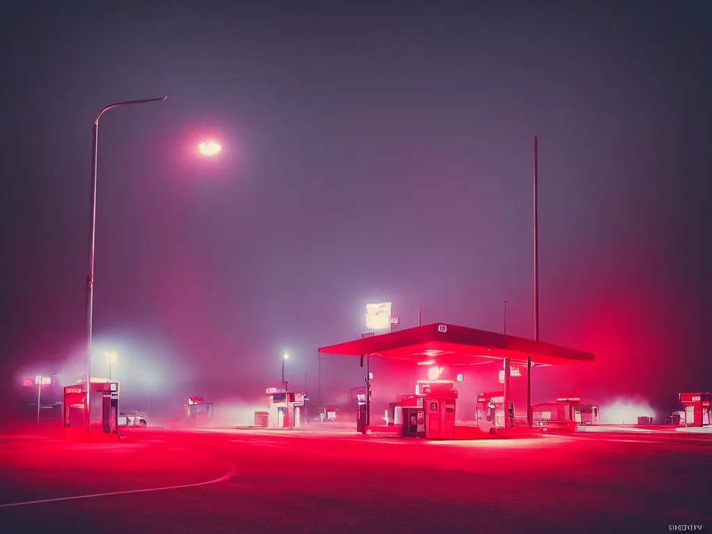 Prompt: “photography of gas station , fog, red lights, night, mood, atmospheric, full of colour, digital photography”