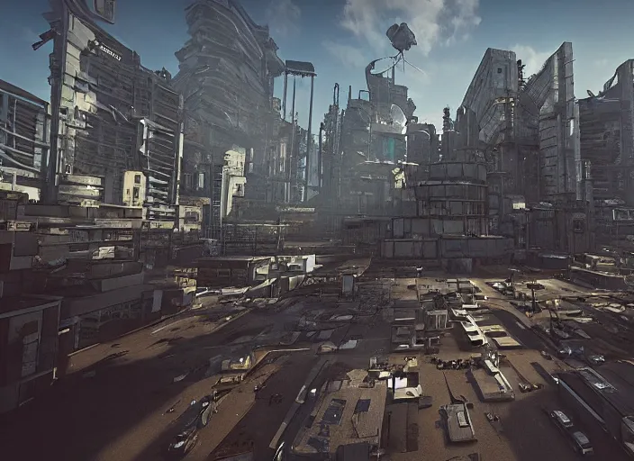 Image similar to “ diesel punk city, first person view, fps, unreal engine, octane render ”