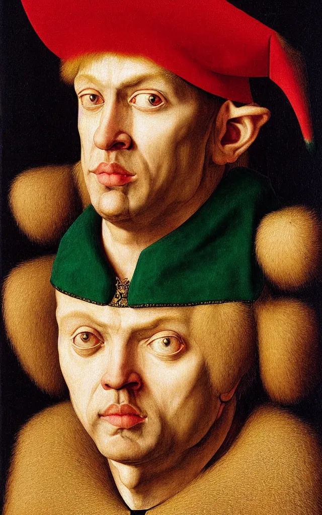 Image similar to 3/4 bust portrait of a high fantasy elf mall cop by Jan van Eyck