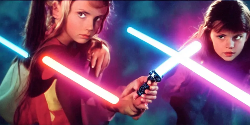 Image similar to a full color still of a teen brunette girl holding a lightsaber with a sci-fi battle in the background, cinematic lighting, 1999, directed by Steven Spielberg, 35mm