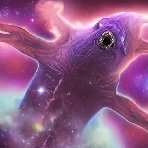 Image similar to An evil and terrifying creature in space in front of a purple nebula