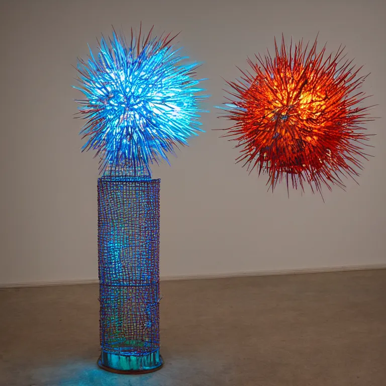 Image similar to hyperrealistic sculpture of a bronze ancient fossilized sea urchin curved spikes with opalescent blue and iridescent red spraypaint in a plywood grid cage on a pedestal by ron mueck and duane hanson and lee bontecou, hyperrealistic dramatic colored lighting trending on artstation 8 k