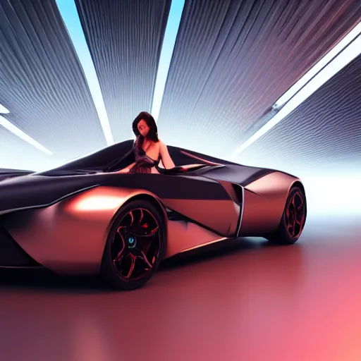 Image similar to ultra detailed woman sitting on a futuristic sport car, highly detailed, sharp focus, octane render, global illumination