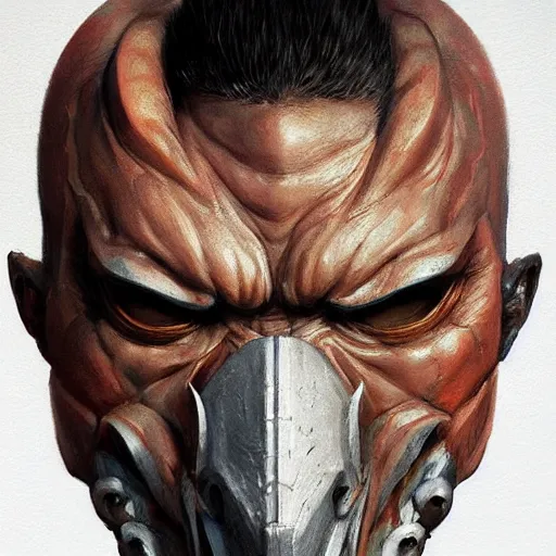 Image similar to A head-on detailed oil portrait of muscular martial artist wearing oni mask by greg rutkowski and artgerm, trending on artstation, dungeons and dragons art