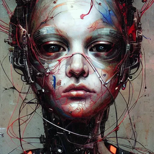 Image similar to a female cyberpunk cyberhacker, wires cybernetic implants, in the style of adrian ghenie esao andrews jenny saville surrealism dark art by james jean takato yamamoto and by ashley wood