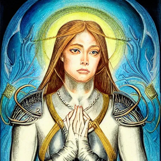Image similar to beautiful face virtuous jeanne d'arc in the style of william blake, terese nielsen, isolde