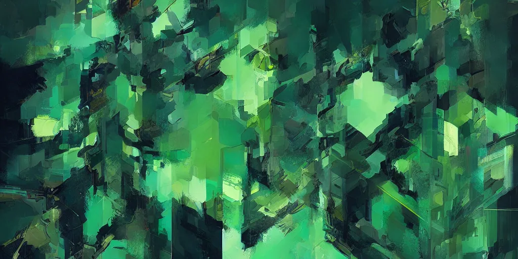 Prompt: green intricate fractal abstraction, artstation, ryan hewett, mike mignola