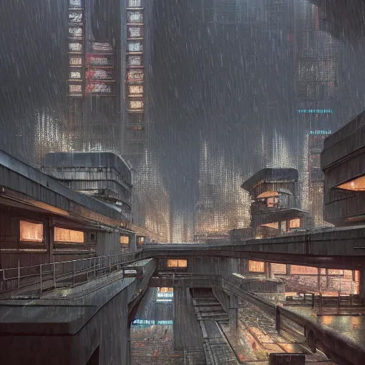 Image similar to highly detailed brutalist architecture city, star wars imperial style, while it's raining, stephen bliss, unreal engine, fantasy art by greg rutkowski, loish, rhads, ferdinand knab, makoto shinkai, ilya kuvshinov, rossdraws, global illumination, radiant light, detailed and intricate environment