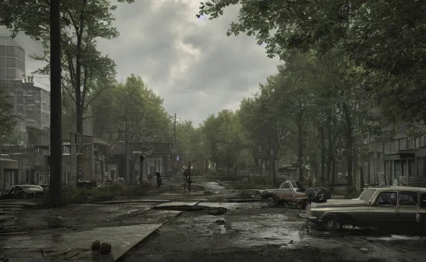 Prompt: rotterdam reclaimed by nature, a photorealistic painting by gregory crewdson, cgsociety, playstation 5 screenshot, matte painting, cryengine