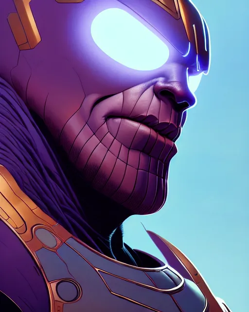 Image similar to highly detailed closeup portrait of a highly tech - enhanced thanos who has many biological implants, by atey ghailan, by greg rutkowski, by greg tocchini, by james gilleard, by joe fenton, by kaethe butcher, red, black, crimson and grey color scheme