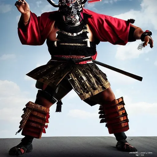 Image similar to big buff very strong very buff samurai wearing an oni mask, accurate detailed wellmade movie still