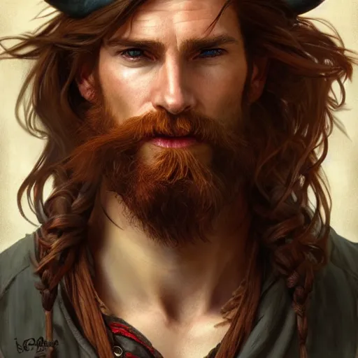 Image similar to portrait of a young ruggedly handsome but joyful pirate, male, masculine, upper body, red hair, long hair, d & d, fantasy, sharp features, intricate, elegant, highly detailed, digital painting, artstation, concept art, matte, sharp focus, illustration, art by artgerm and greg rutkowski and alphonse mucha