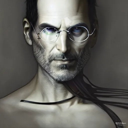 Prompt: beautiful ethereal cyberpunk steve jobs, art nouveau, fantasy, intricate binary and electronic designs, elegant, highly detailed, sharp focus, art by artgerm and greg rutkowski and wlop