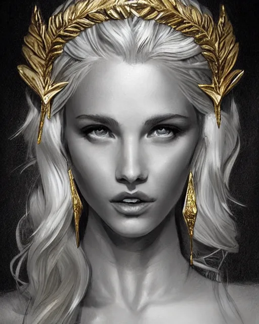 Image similar to tattoo design sketch of hot blonde super model as aphrodite greek goddess wearing a gold laurel wreath and triangle earrings, beautiful piercing gaze with sharp pupils, in the style of greg rutkowski, fantasy, amazing detail, epic, elegant, smooth, sharp focus, front view