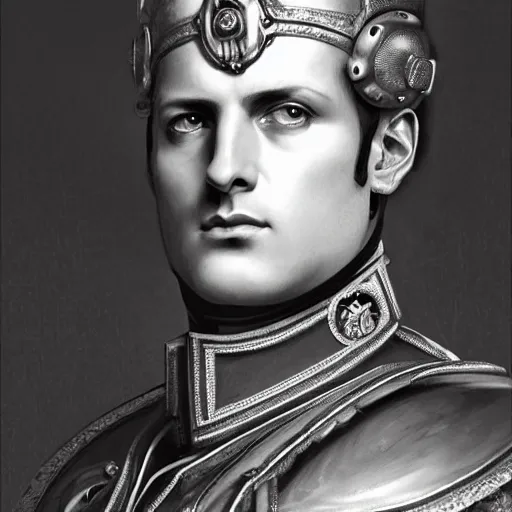 Image similar to portrait of divine emperor napoleon bonaparte, handsome, tall, dieselpunk steampunk napoleonic french baroque, metal shoulder pauldrons, intricate, highly detailed, digital painting, artstation, concept art, sharp focus, cinematic lighting, illustration, art by artgerm and greg rutkowski, alphonse mucha, cgsociety