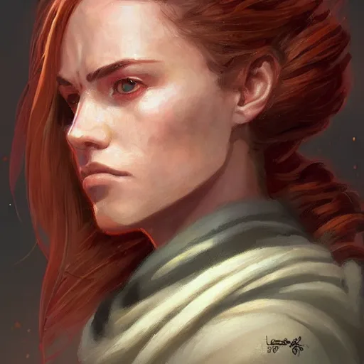 Image similar to portrait of a woman by greg rutkowski, jedi knight jade skywalker, wavy copper hair, jedi robes, star wars expanded universe, she is about 2 0 years old, wearing jedi robes, highly detailed portrait, digital painting, artstation, concept art, smooth, sharp foccus ilustration, artstation hq