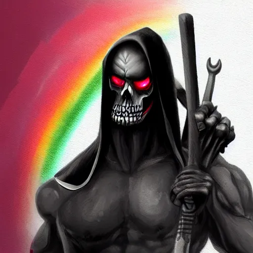 Image similar to Rainbow Grim Reaper, muscled, Pride, artstation