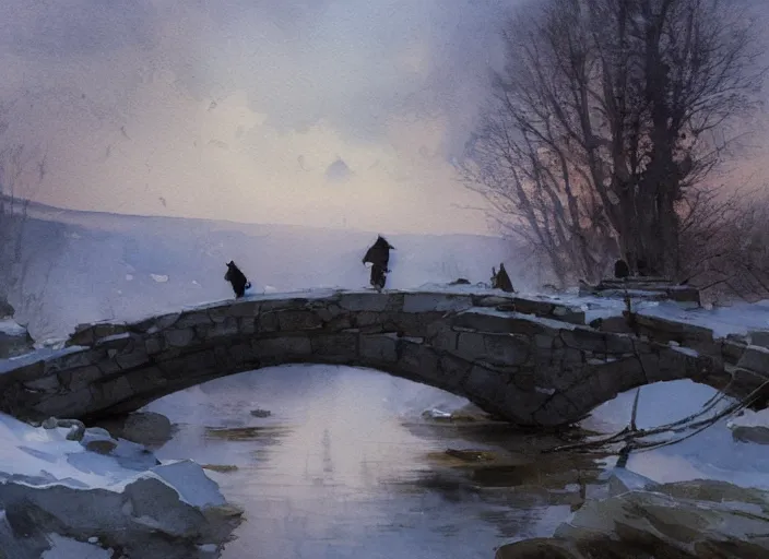 Prompt: watercolor of frozen lake, stone bridge, art by anders zorn, wonderful masterpiece by greg rutkowski, beautiful cinematic light, american romanticism by greg manchess, creation by tyler edlin