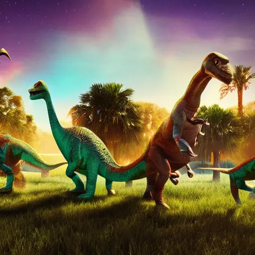 Image similar to a group of dinosaurs having a rave party at boom festival main stage, rendered in octane