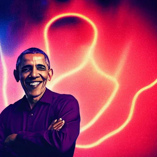 Prompt: Obama in fighting stance, glowing red aura around obama, smiling, 40nm, shallow depth of field, split lighting, 4k,