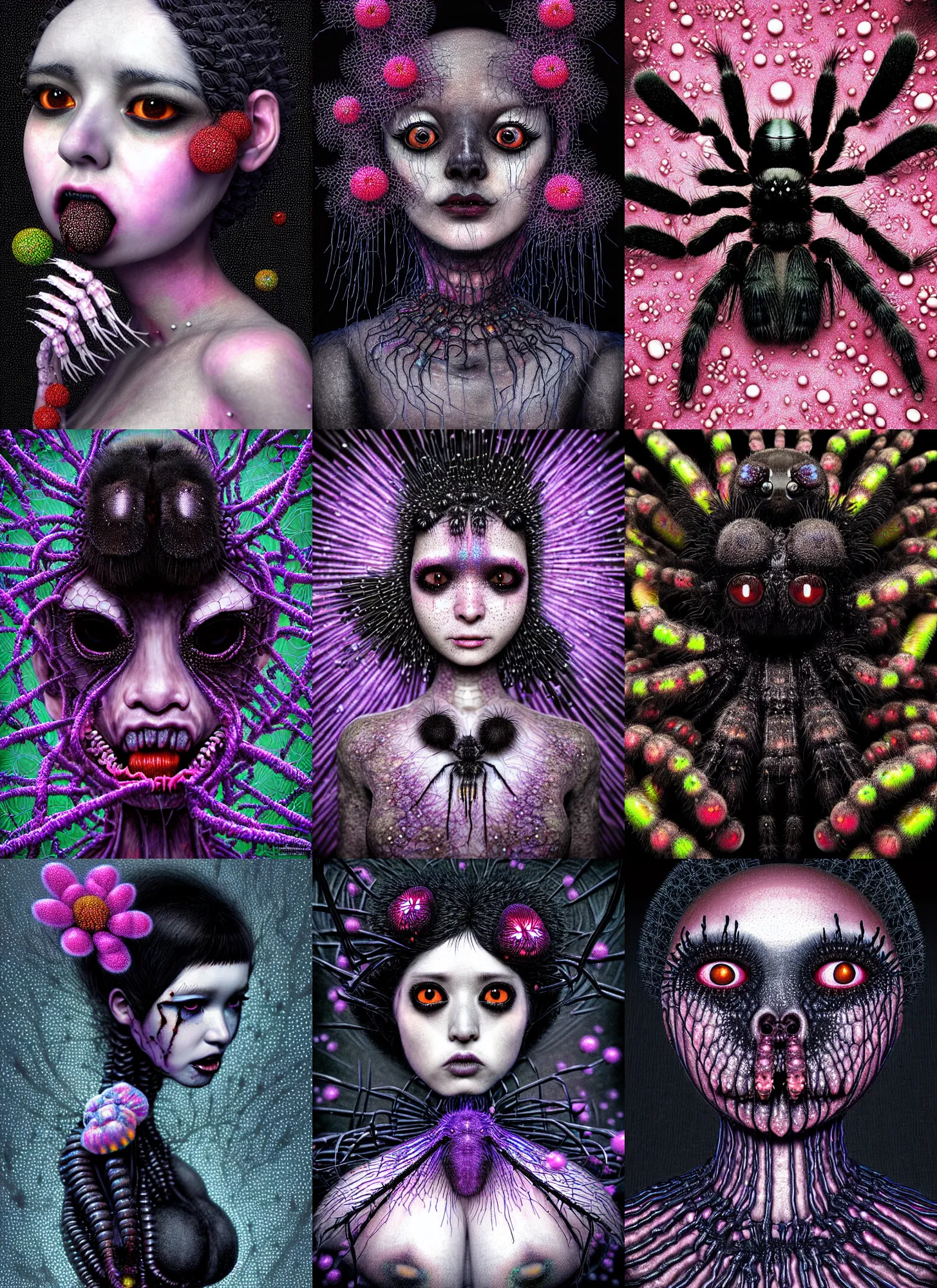 Prompt: hyper detailed 3d render like a dark Oil painting - kawaii portrait Aurora (a black haired tarantula headed sultry flapper-girl from Hellraiser) seen Eating of the Strangling network of (charcoal and ben day dots) and milky Fruit and Her delicate pedipalps hold of gossamer polyp blossoms bring iridescent fungal flowers whose spores black the foolish stars by Jacek Yerka, Ilya Kuvshinov, Glenn Barr, Mariusz Lewandowski, Houdini algorithmic generative render, Abstract brush strokes, Masterpiece, Edward Hopper and James Gilleard, Zdzislaw Beksinski, Mark Ryden, Wolfgang Lettl, hints of Yayoi Kasuma, octane render, 8k