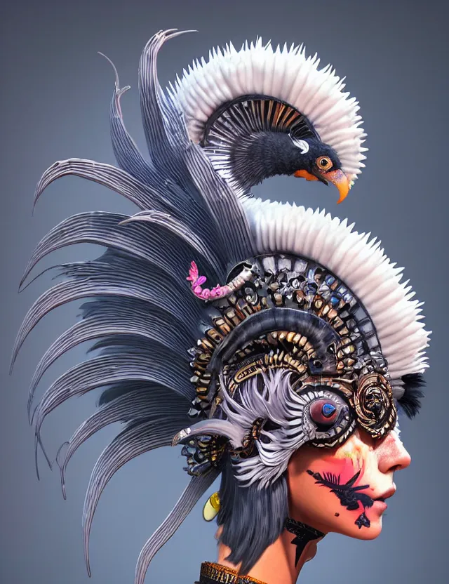 Image similar to 3 d goddess close - up profile portrait punk with mohawk with ram skull. beautiful intricately detailed japanese crow kitsune mask and clasical japanese kimono. betta fish, jellyfish phoenix, bio luminescent, plasma, ice, water, wind, creature, artwork by tooth wu and wlop and beeple and greg rutkowski