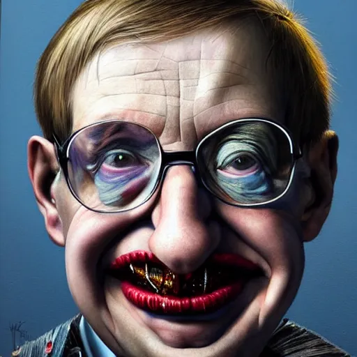 Prompt: UHD hyperrealism painting of Stephen Hawking dressed as a clown, wearing clown makeup, by Antonio Caparo and Ferdinand Knab and Greg Rutkowski, UHD, photorealistic, trending on artstation, trending on deviantart, correct face, real clown makeup