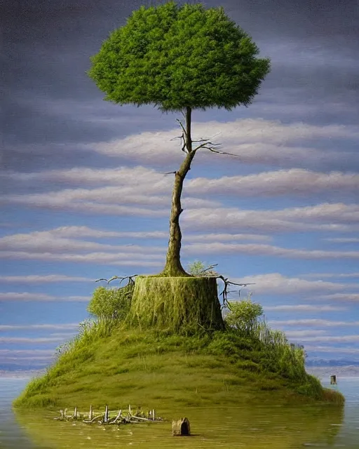 Prompt: a painting of a tree on a floating island, a surrealist painting by lee madgwick, deviantart, ecological art, oil on canvas, detailed painting, surrealist