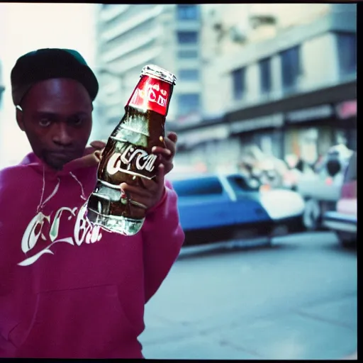 Prompt: 1 9 9 0's rapper looking into camera holding a bottle of coca - cola, cinestill, 8 0 0 t, 3 5 mm, full - hd