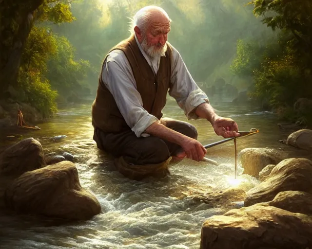 Image similar to an old man panning for gold in a river, deep focus, d & d, fantasy, intricate, elegant, highly detailed, digital painting, artstation, concept art, matte, sharp focus, illustration, hearthstone, art by artgerm and greg rutkowski and alphonse mucha