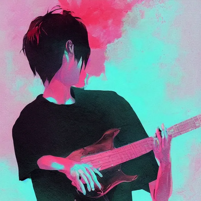 Prompt: a young korean man wearing black t shirt plays electric guitar on stage, dramatic lighting, glowy, matte colors, fascinating music, by conrad roset, dramatic brush painting, trending on artstation