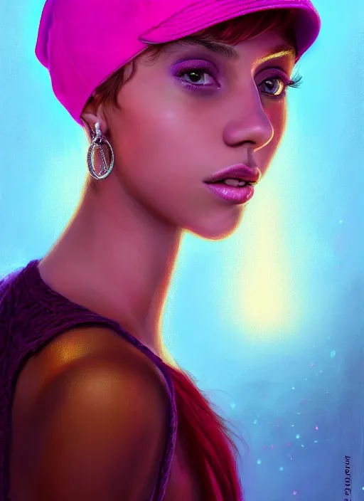 Image similar to portrait of teenage vanessa morgan with bright pink hair, vanessa morgan, curly pixie cut hair, wearing a purple breton cap, breton cap, hoop earrings, intricate, elegant, glowing lights, highly detailed, digital painting, artstation, concept art, smooth, sharp focus, illustration, art by wlop, mars ravelo and greg rutkowski