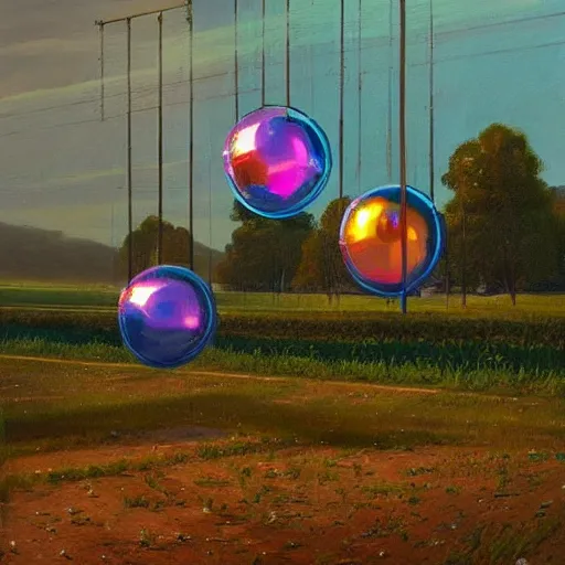 Image similar to a beautiful painting by thomas brom trending on artstation A farm of disco balls, by beeple and james gurney trending on artstation A supersonic irrigation device invented in the woodmarked plain