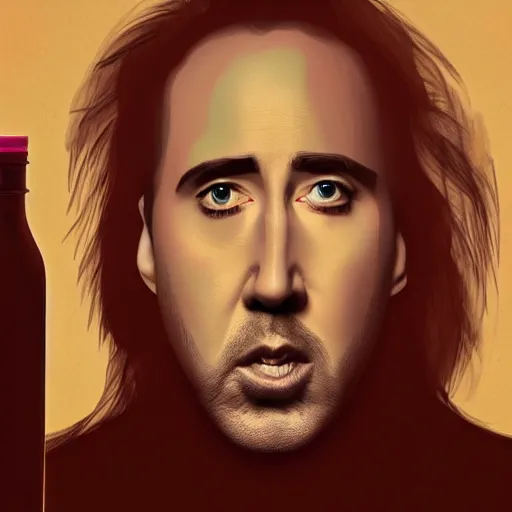 Image similar to Drinking from bottle liquid with face Nicolas Cage. Surrealism. Surreal drawing. Digital art, from artstation