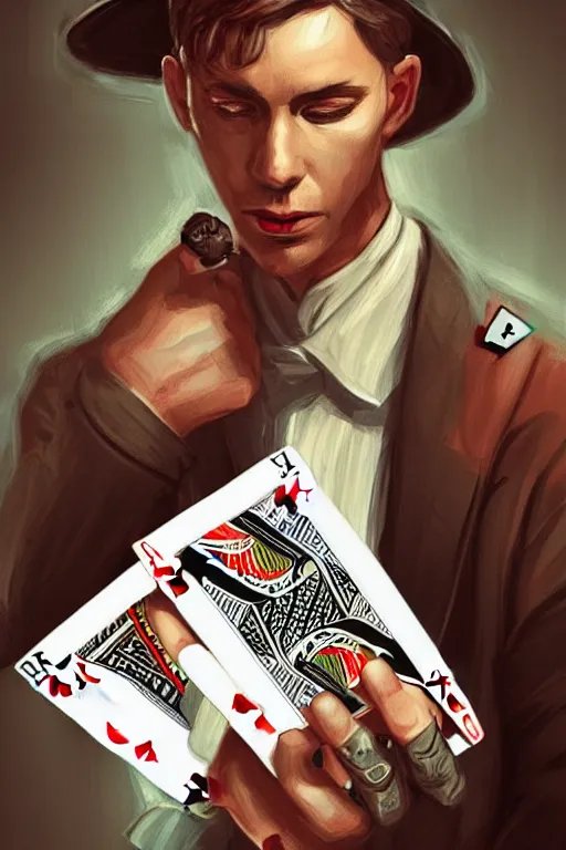 Prompt: modern street magician holding playing cards, realistic, modern, intricate, elegant, highly detailed, digital painting, artstation, concept art, addiction, chains, smooth, sharp focus, illustration, art by ilja repin