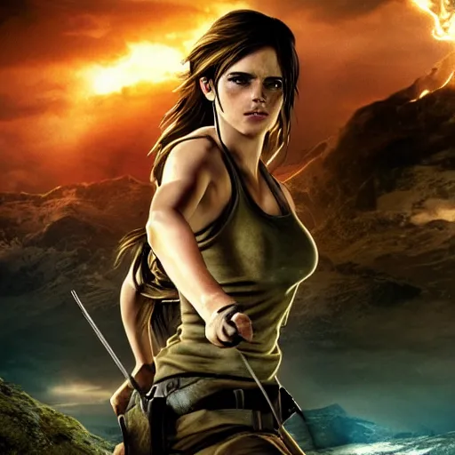 Image similar to Emma Watson as Lara croft tomb raider riding a tiger on an upcoming movie cover, cinematic lighting