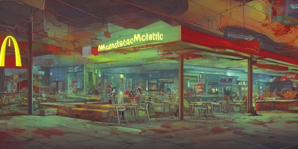 Prompt: pristine mcdonald's in the apocalyptic forest, hyper realism, neon, cyberpunk, nighttime