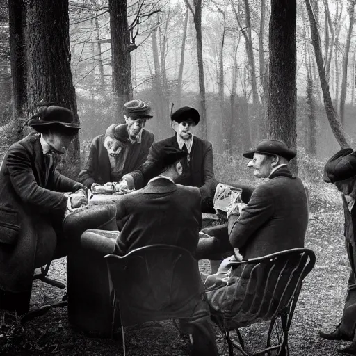 Prompt: peaky blinders playing poker in the woods. black and white.