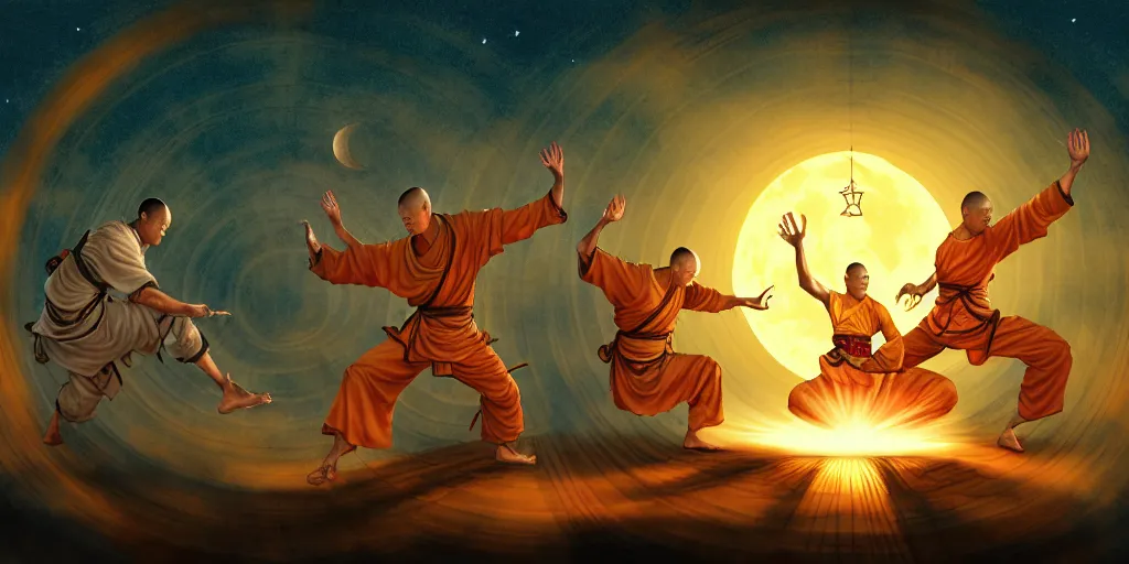 Prompt: [ shaolin monks. orbs of light hover over their open palms ] ( backdrop : shrine / night sky / bamboo / full moon / flora ) fantasy art, digital painting, golden hour, sunburst, highly detailed. realistic award, 8 k concept art, watercolor splash, epic mythology, illustration style of disco elysium