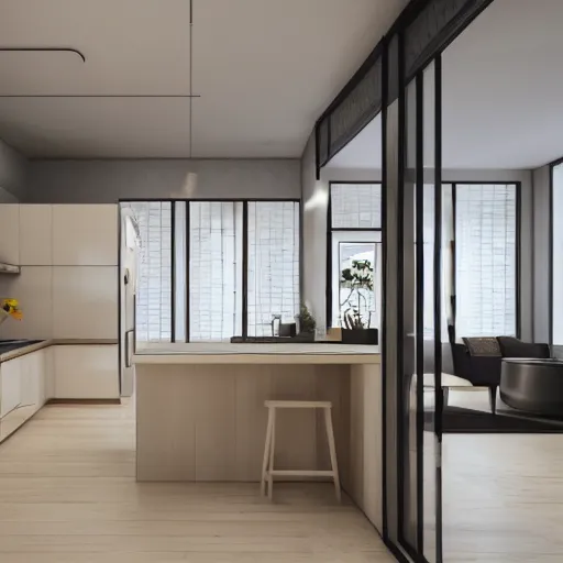 Image similar to Interior studio kitchen and living room, the kitchen turns in a corner with windows on the corner, vray render, interior design