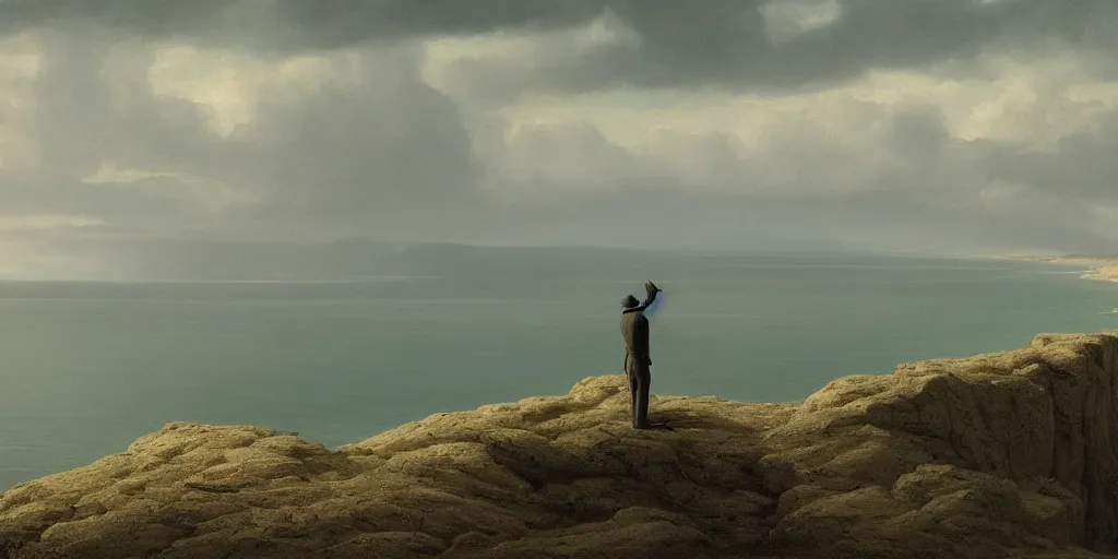 Prompt: Concept Art of cinematography of Terrence Malick film close up wide angle of man standing on the cliff by the shore staring out in the distance contemplating his existence by Carl Gustav Carus by Monia Merlo