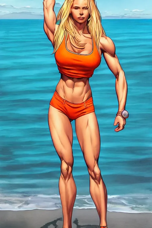 Image similar to a gorgeous muscular woman with very long hip-length blonde hair, wearing a cut-off white top and orange cut-off shorts standing by the water, in the style of artgerm and moebius and annie liebovitz, marvel comics, photorealistic, highly detailed, trending on artstation