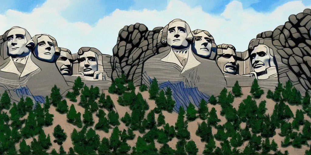 Prompt: a painting of mount rushmore by bob ross