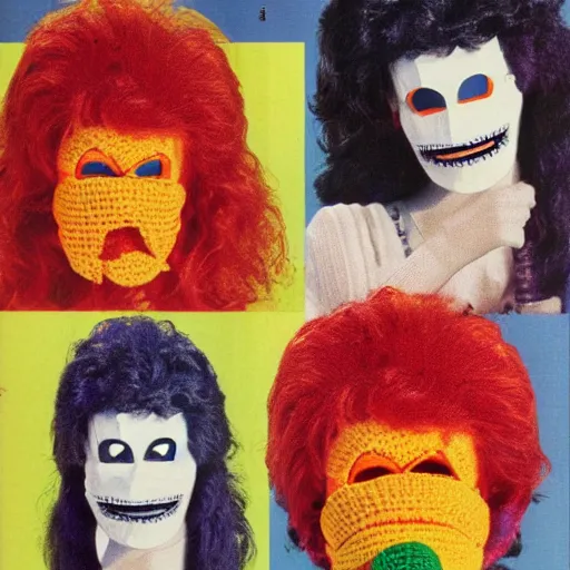 Prompt: multicolored crocheted halloween mask, 1 9 8 0 s catalogue photo